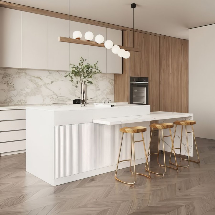 Contemporary kitchen with wood accents and island