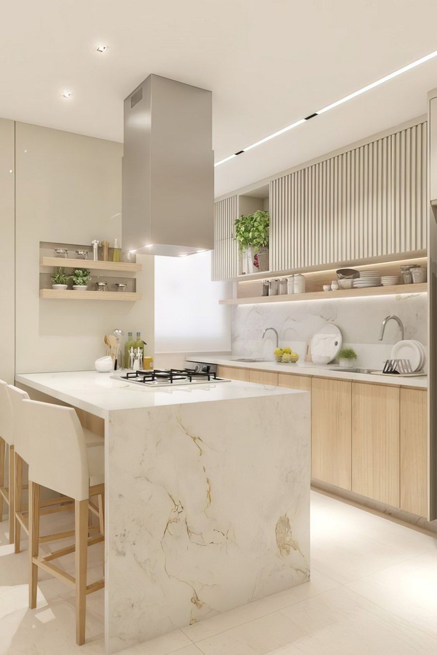 Modern kitchen with marble island and shelves